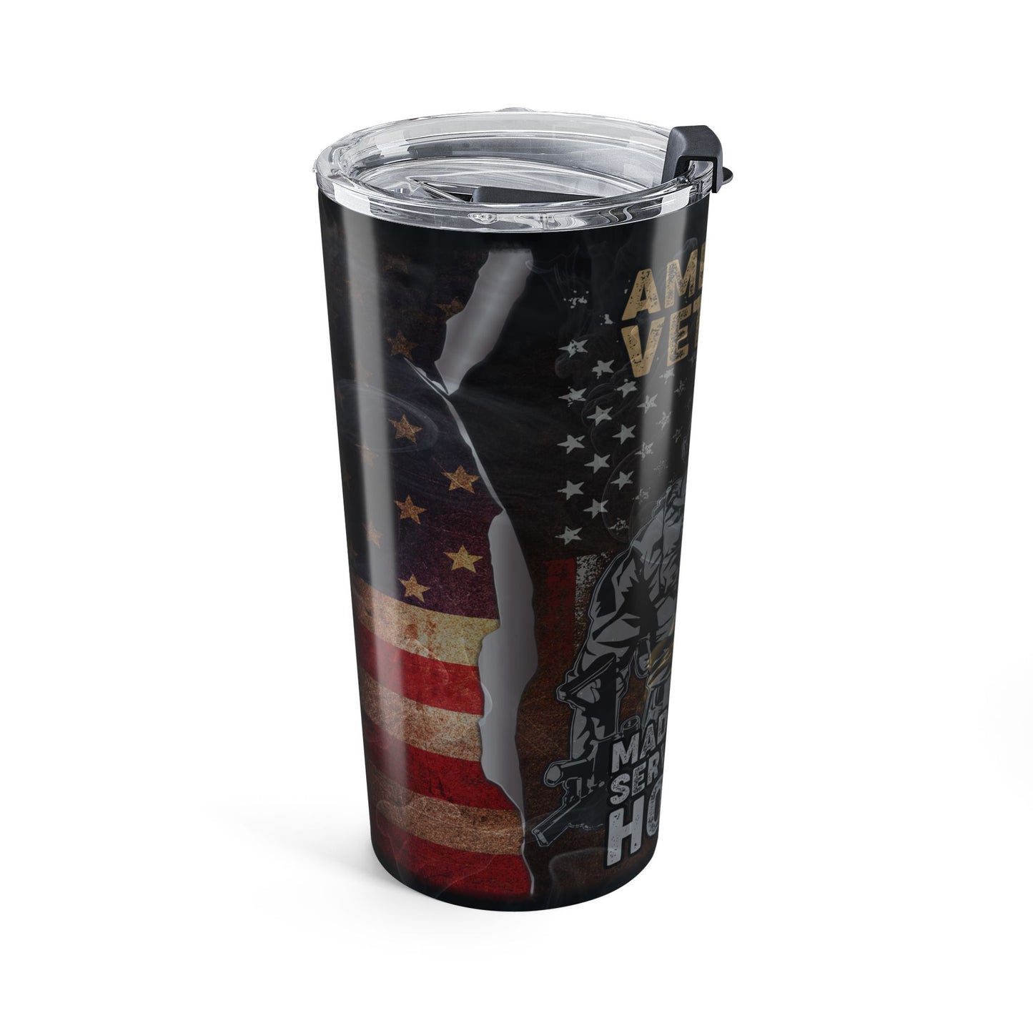 Tumbler with American flag and silhouette design on a white background