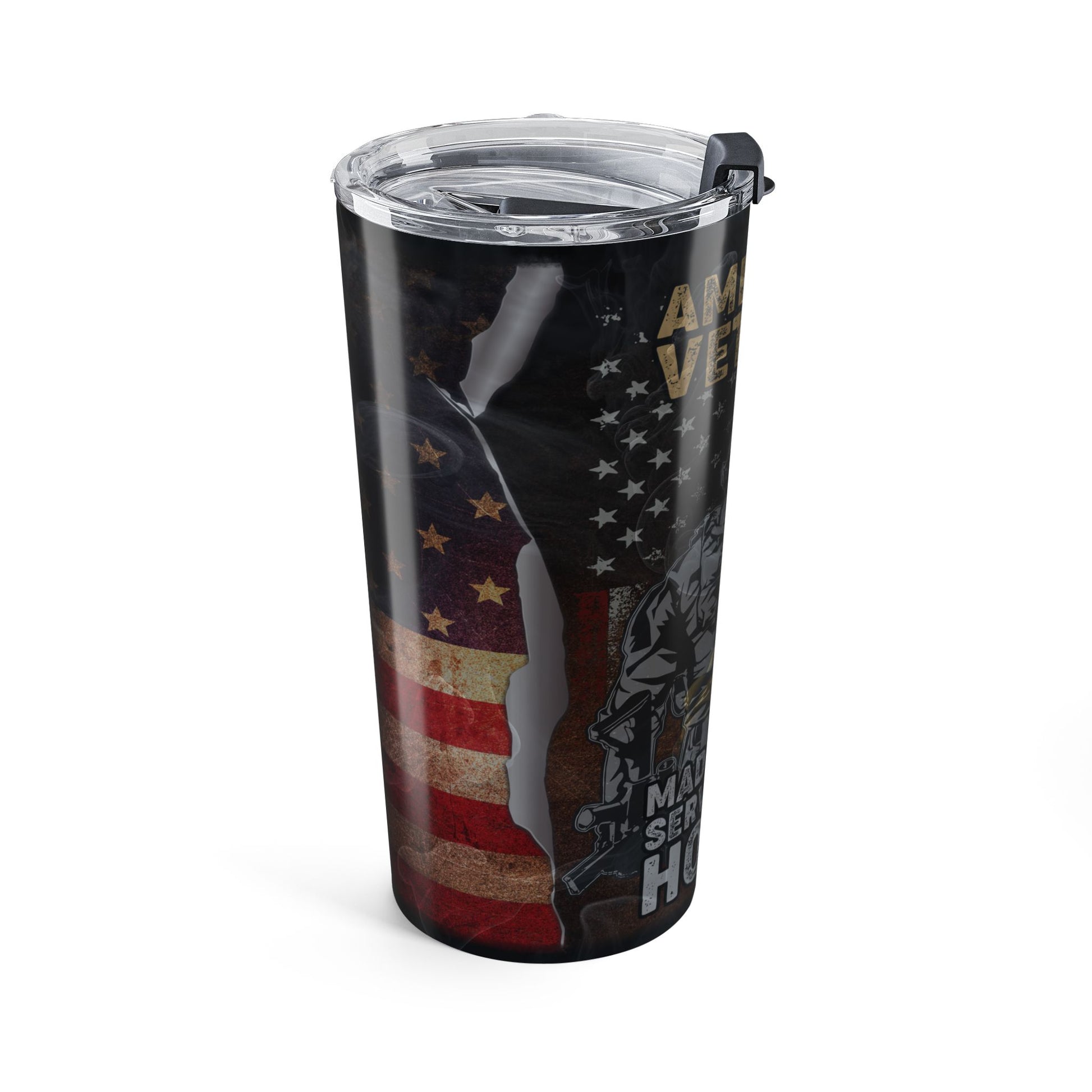 Tumbler with American flag and silhouette design on a white background