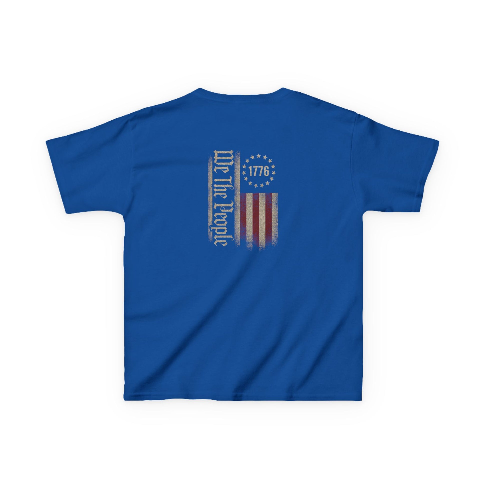Blue t-shirt with a graphic design on the back against a white background