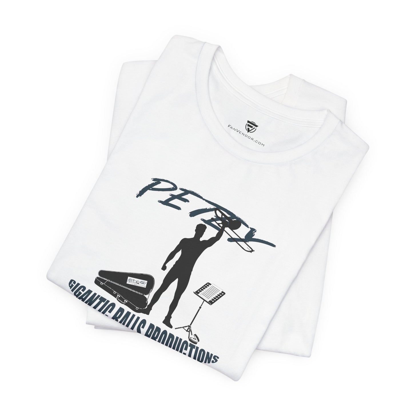 White t-shirt with black graphic design on a white background