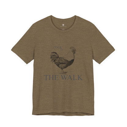 Brown t-shirt with a rooster graphic and 'Cock of the Walk' text 