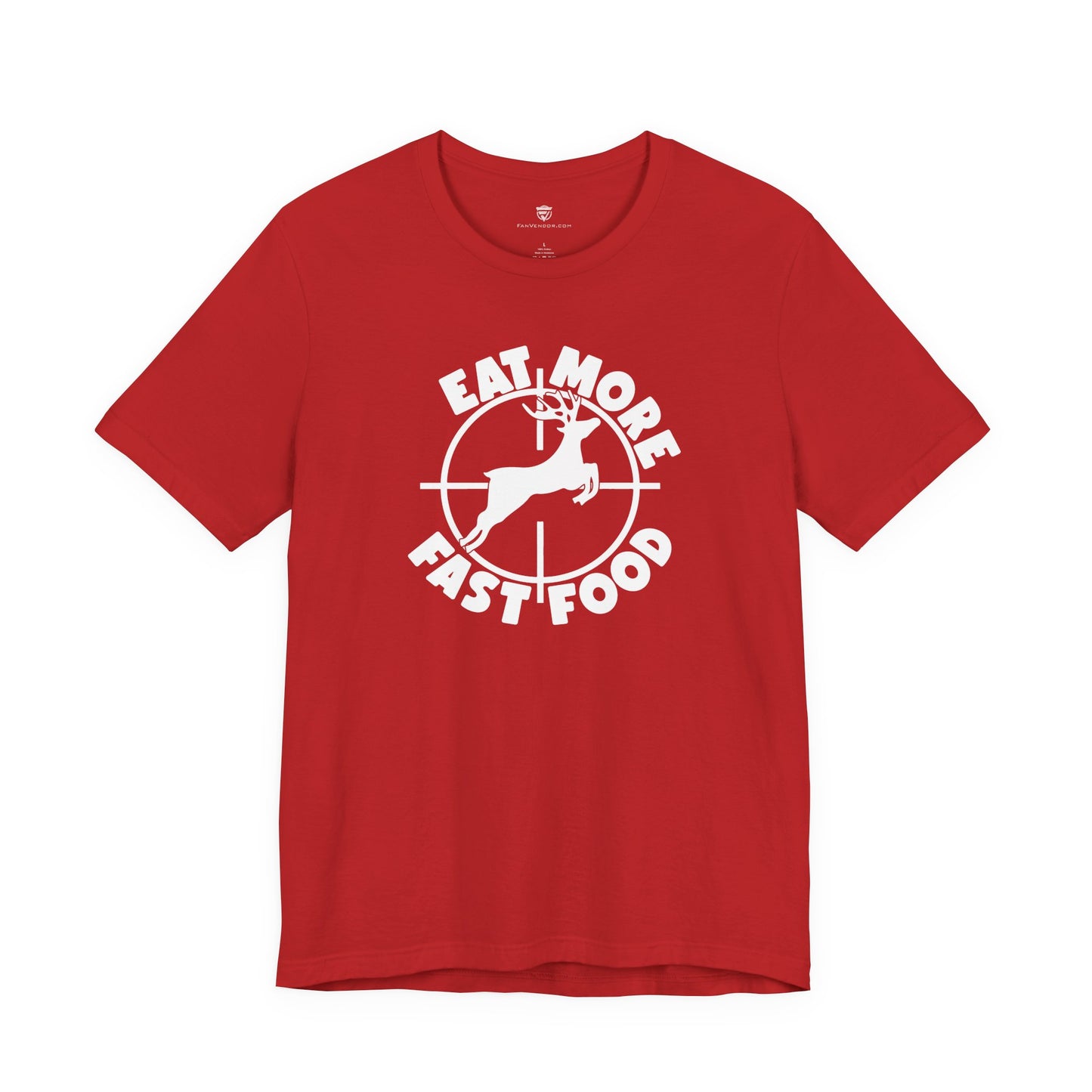 Red t-shirt with white graphic and text on a white background