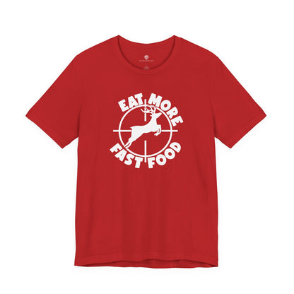 Red t-shirt with white graphic and text on a white background