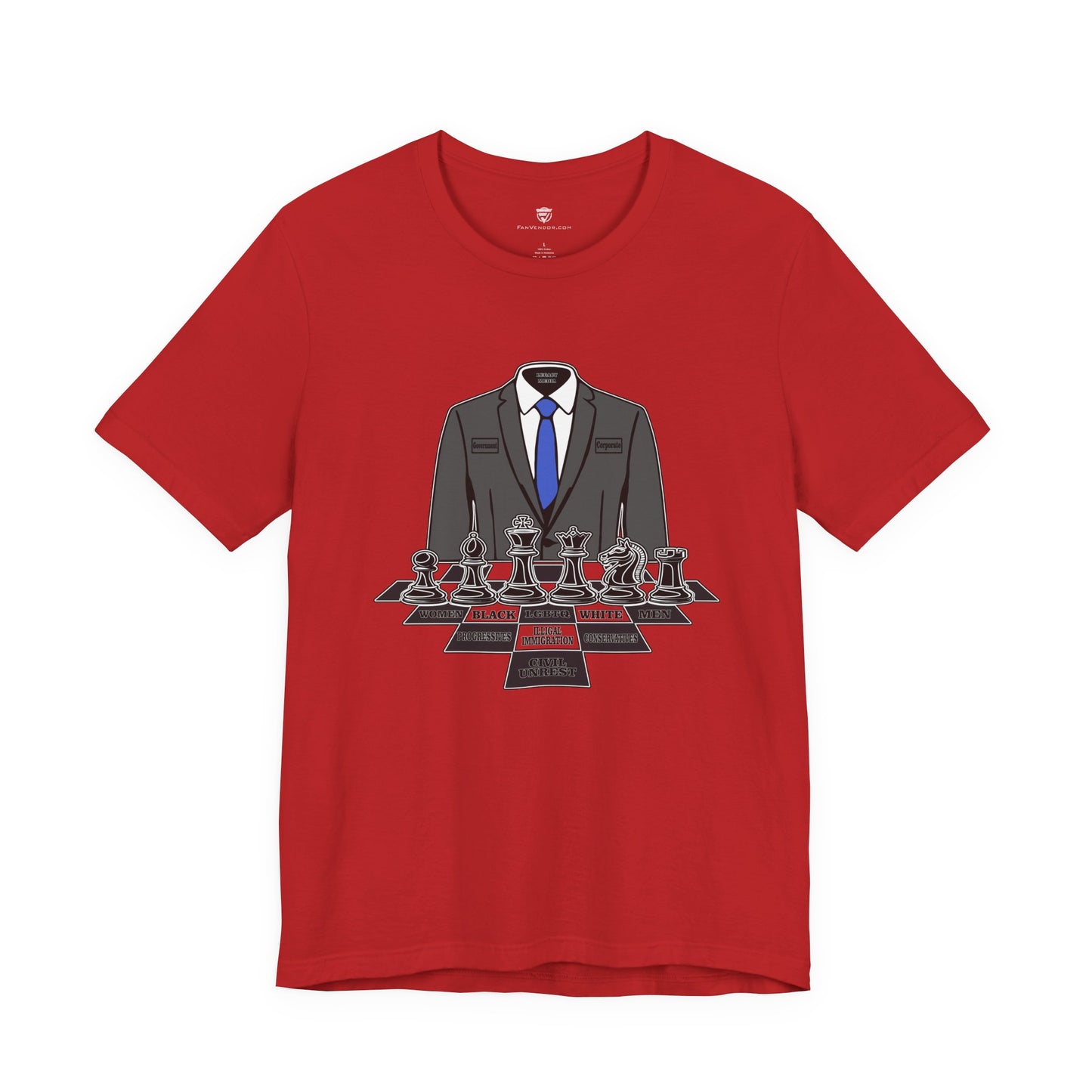Red t-shirt with a suit and chessboard graphic on a white background