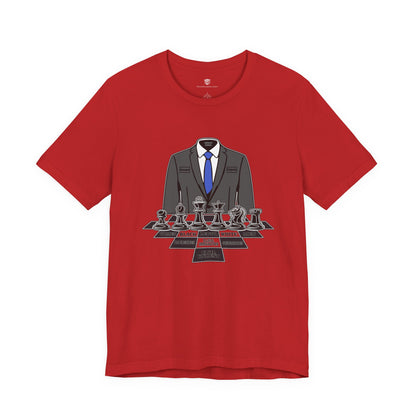 Red t-shirt with a suit and chessboard graphic on a white background