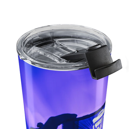 Purple tumbler with a clear lid and black grip on a white background