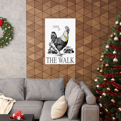 Living room with a gray sofa, Christmas tree, and wall art featuring a rooster.