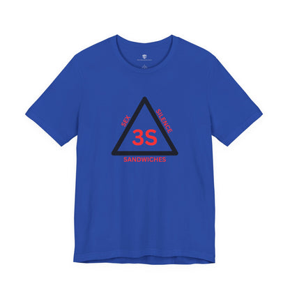 Blue t-shirt with a black triangle graphic and text on a white background