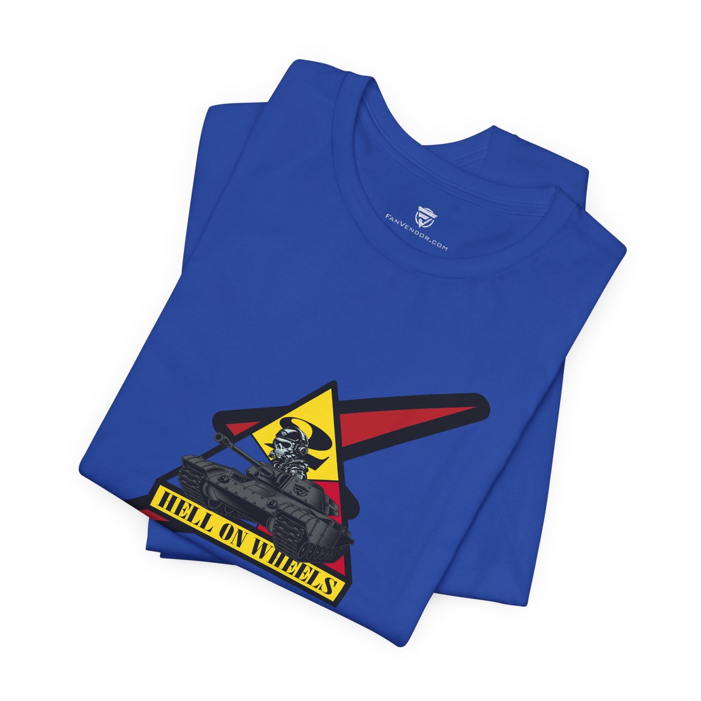 Blue t-shirt with a graphic design on a white background