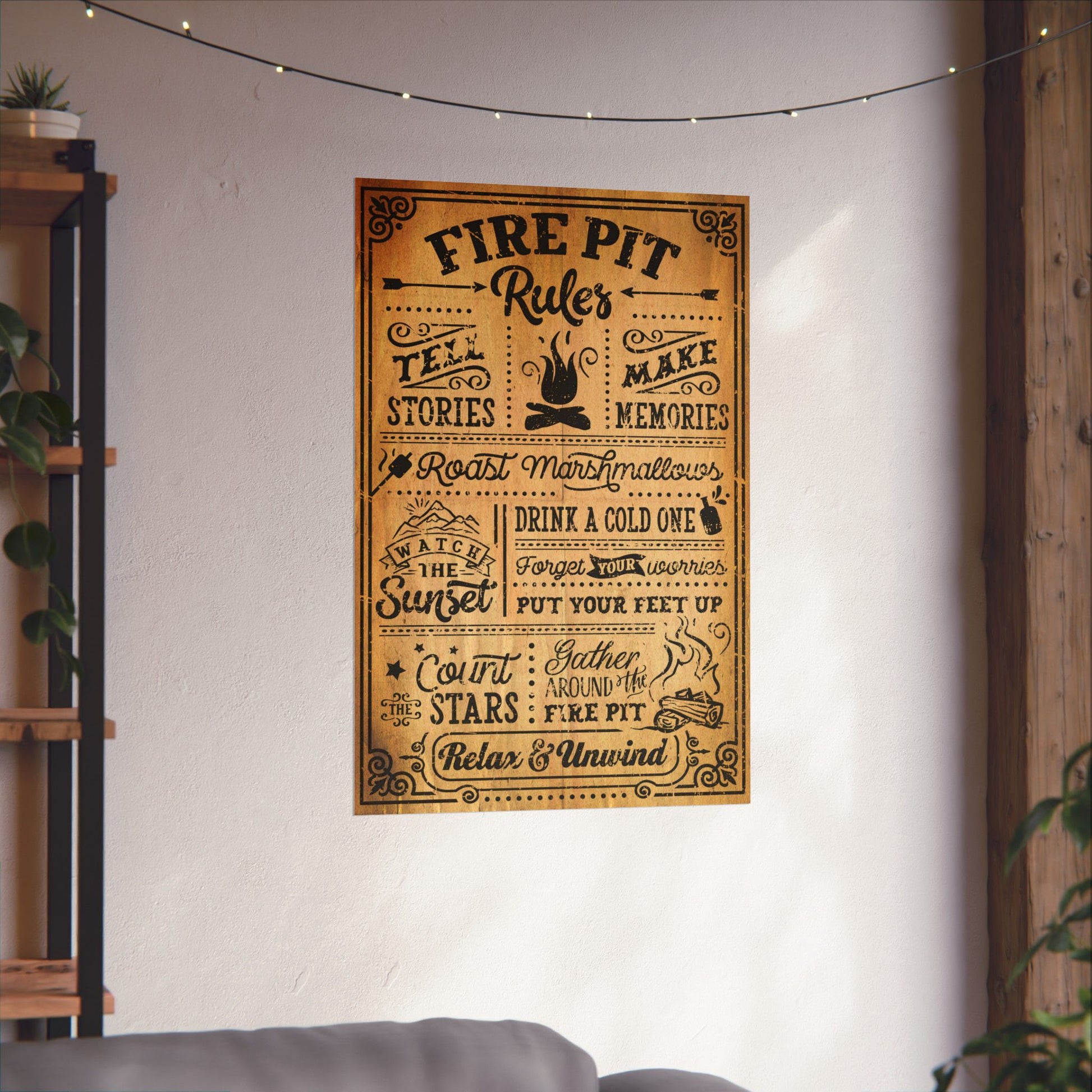 Decorative poster with text on a wall in a cozy room.