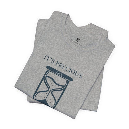 Folded gray t-shirt with hourglass design and 'It's Precious Life' text on a white background