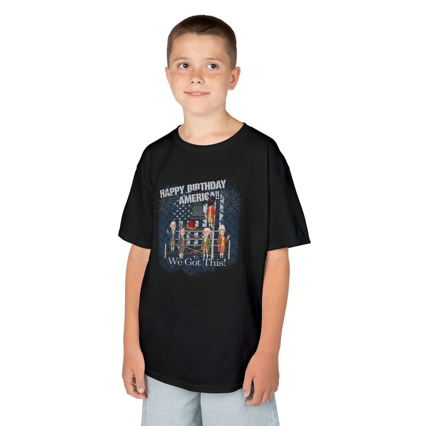 Child wearing a black t-shirt with text and a white ribbon symbol on a white background