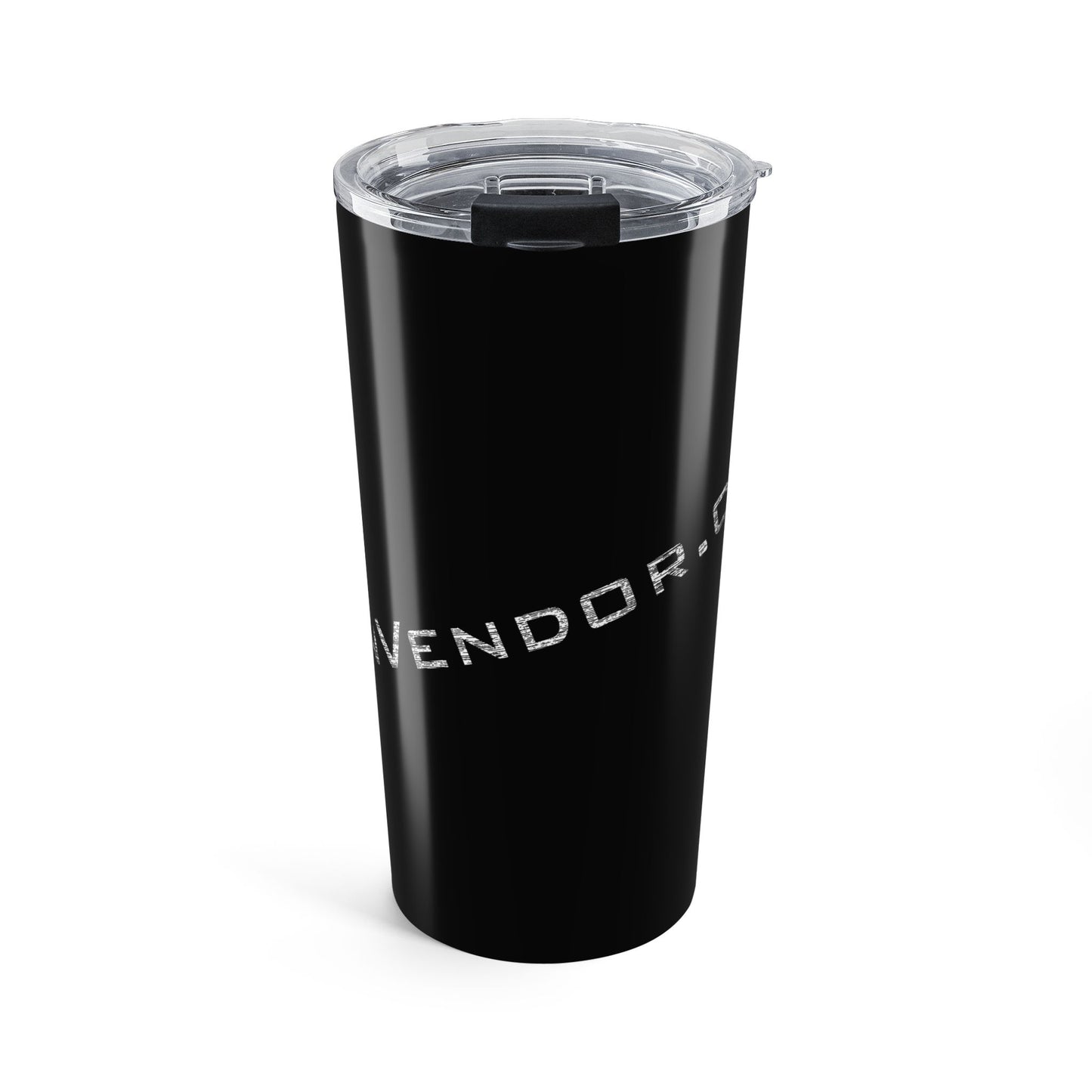 Black tumbler with branding on a white background