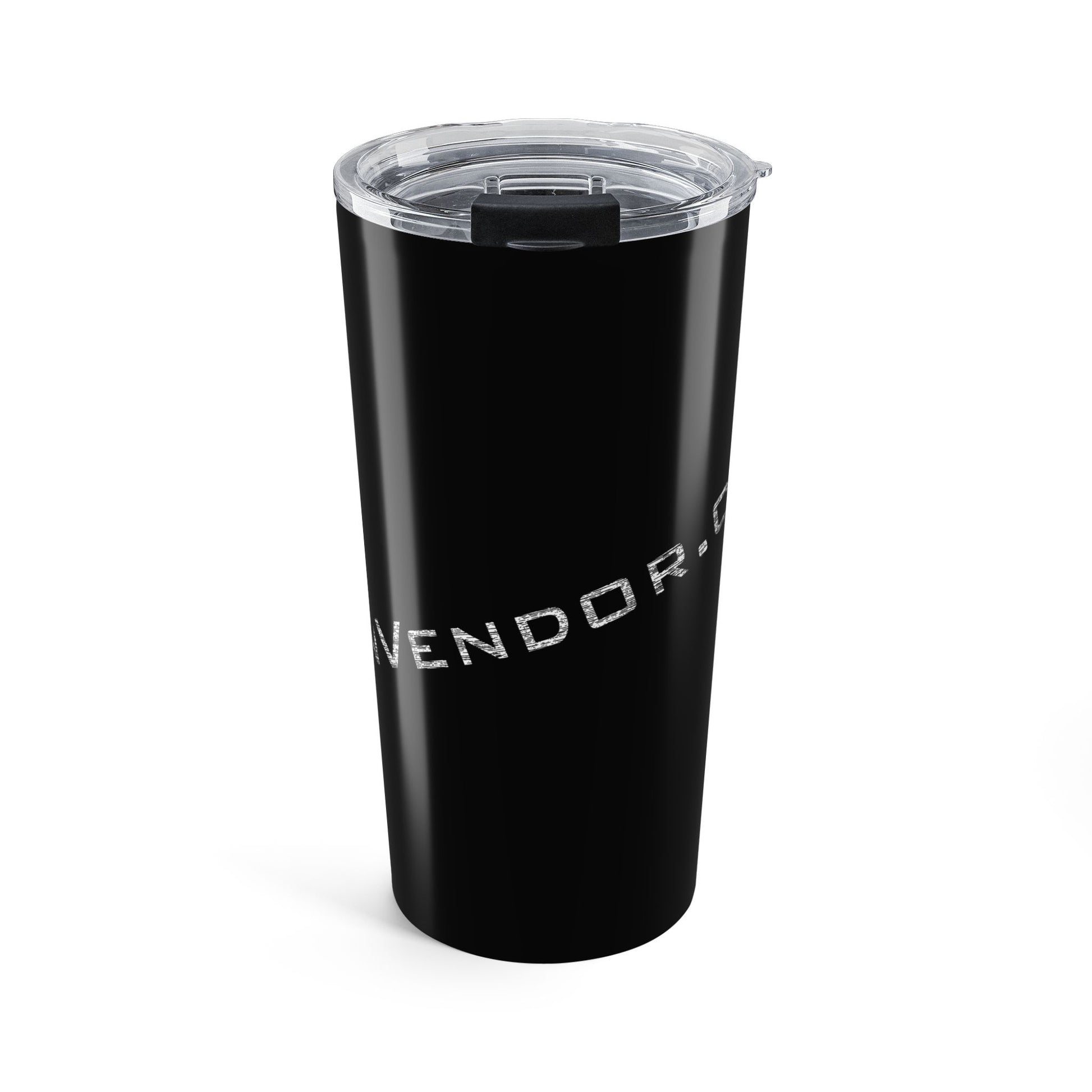 Black tumbler with branding on a white background