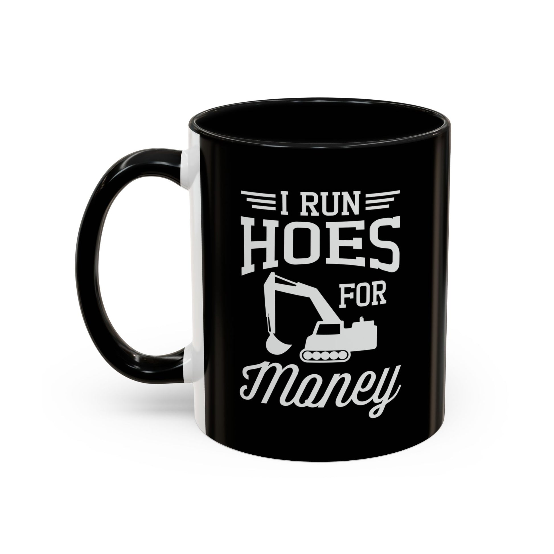 Black mug with white text and graphic on a white background