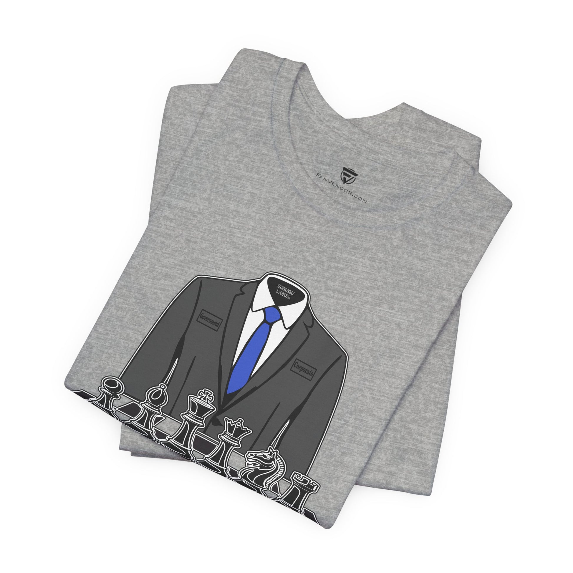 Folded gray t-shirt with a suit and tie graphic on a white background