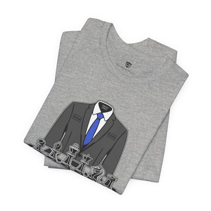 Folded gray t-shirt with a suit and tie graphic on a white background