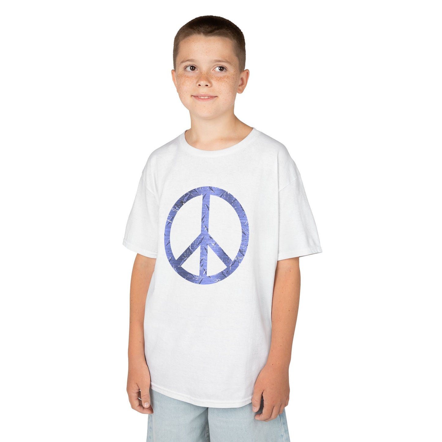 Child wearing a white t-shirt with a blue peace symbol design on a white background