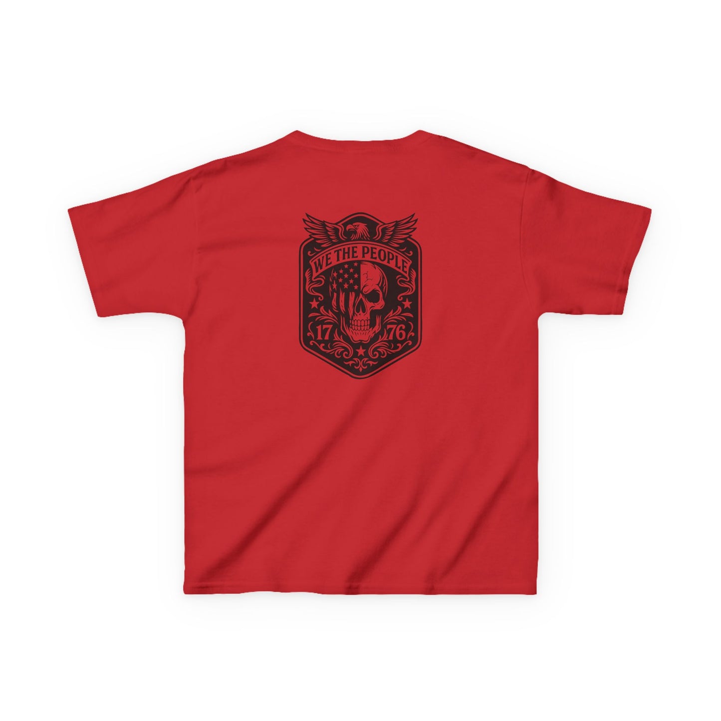 Red t-shirt with a black graphic design on the back against a white background
