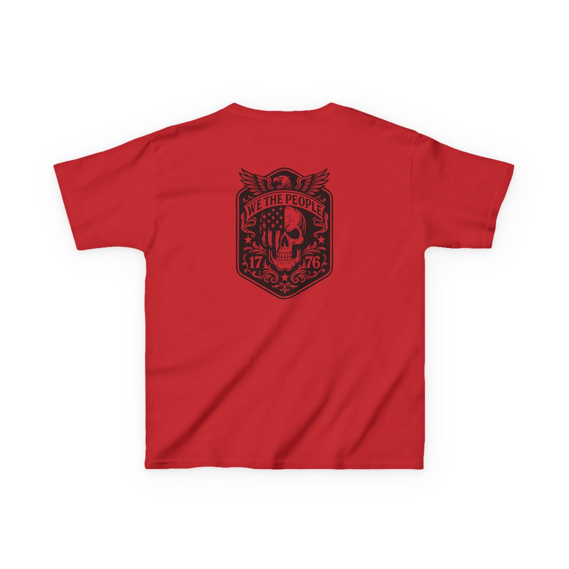 Red t-shirt with a black graphic design on the back against a white background