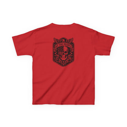 Red t-shirt with a black graphic design on the back against a white background