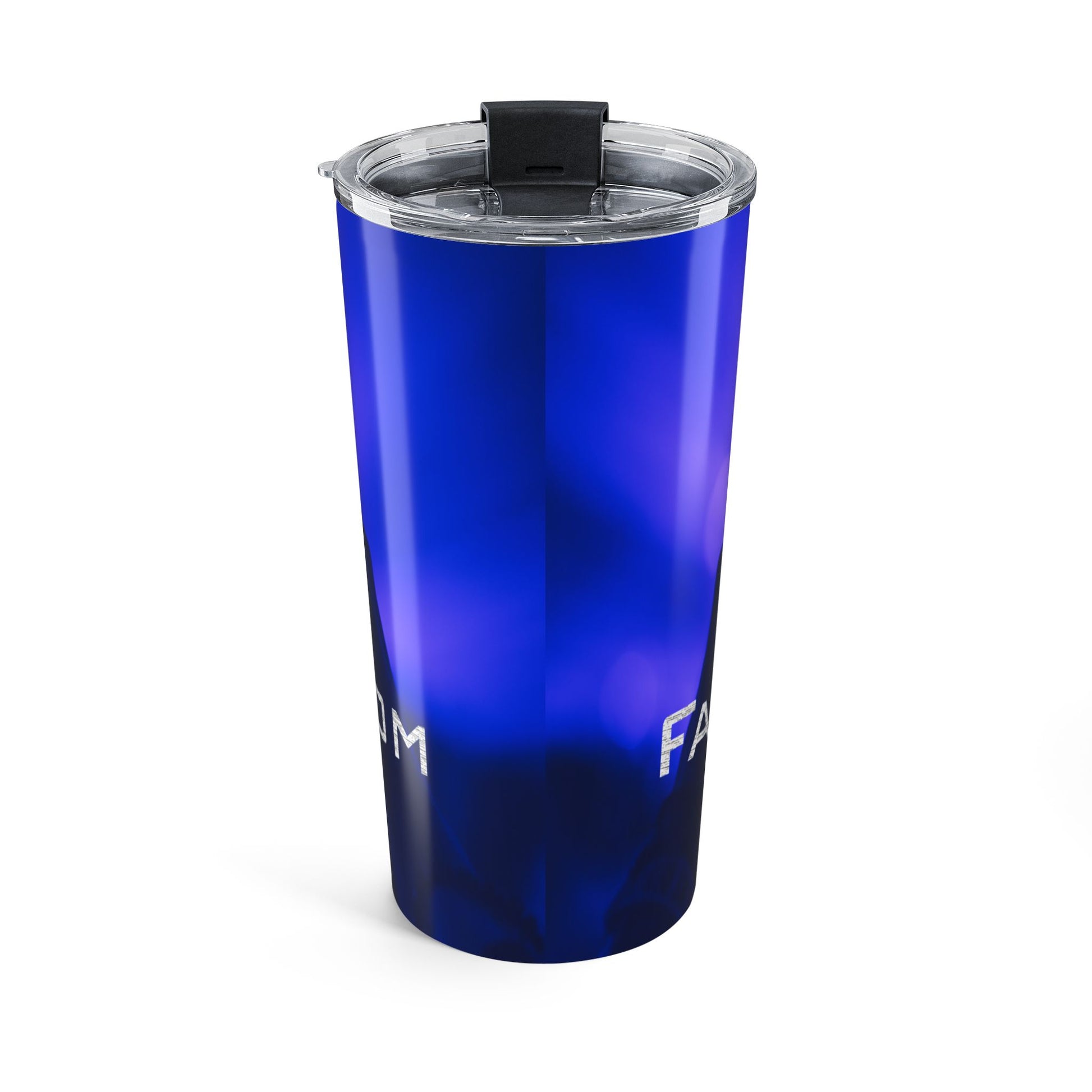 Blue tumbler with a black lid on a white background