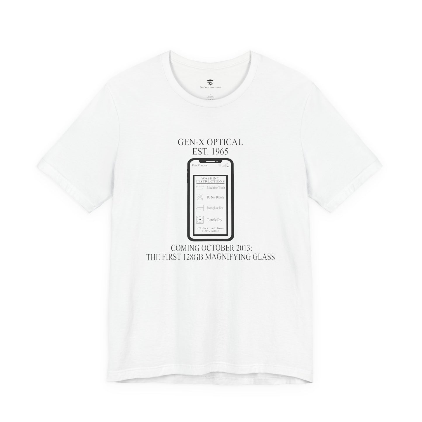 White t-shirt with black text and graphic on a white background