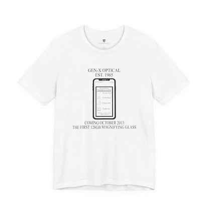 White t-shirt with black text and graphic on a white background