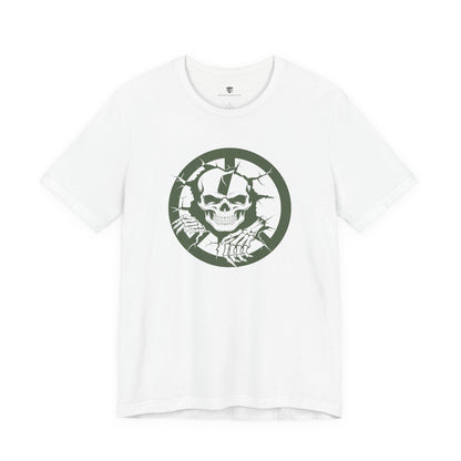 White t-shirt with a green graphic design featuring a skull and crossed bones on a white background