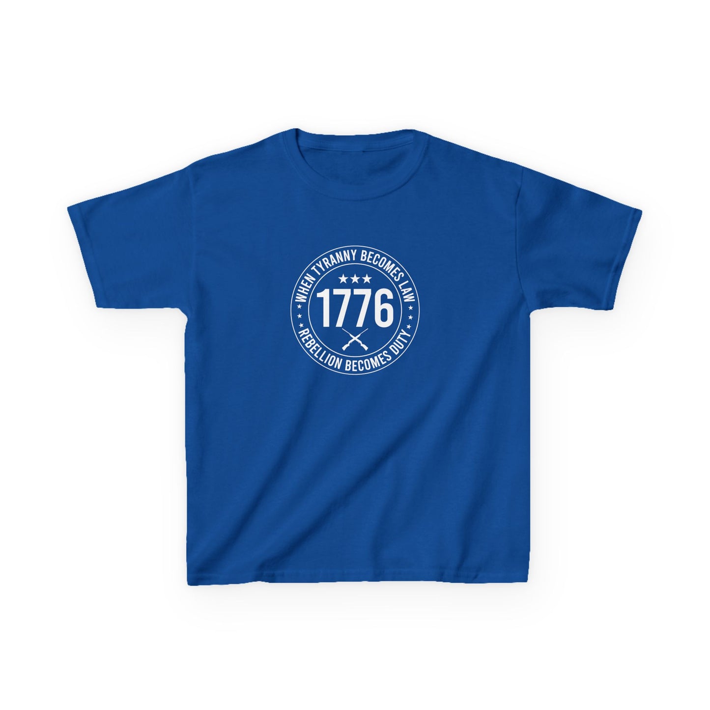 Blue t-shirt with a peace symbol design on a white background