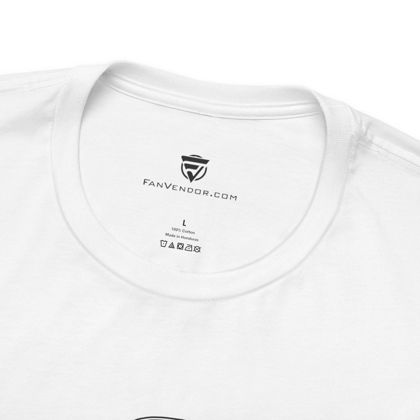 White t-shirt with 'Fanvendor.com' logo and text on a white background