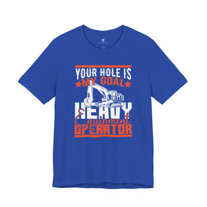 Blue t-shirt with humorous graphic and text on a white background