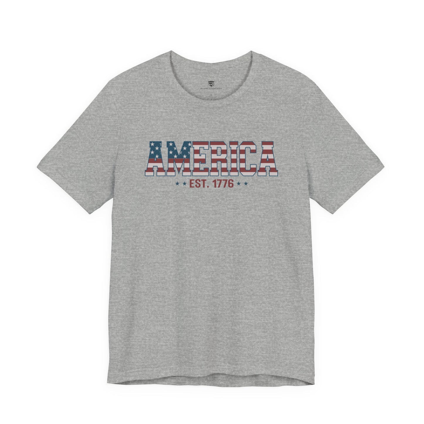 Gray t-shirt with 'AMERICA EST. 1776' text on a white background