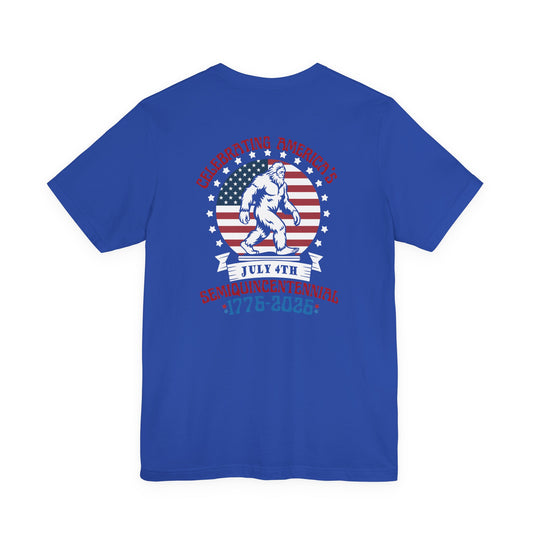 Blue t-shirt with a graphic design on the back featuring an American flag and text.