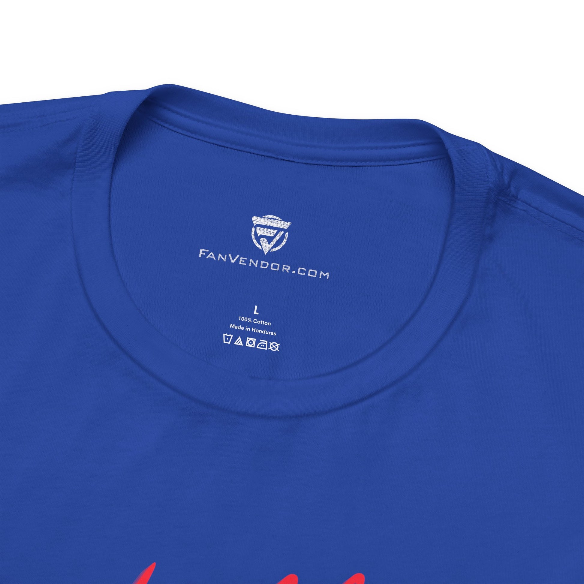 Blue t-shirt with 'FanVendor.com' logo on the collar against a white background