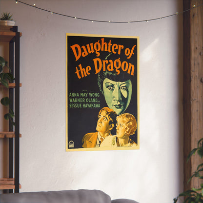 Vintage movie poster for 'Daughter of the Dragon' on a wall in a room with string lights and a shelf.