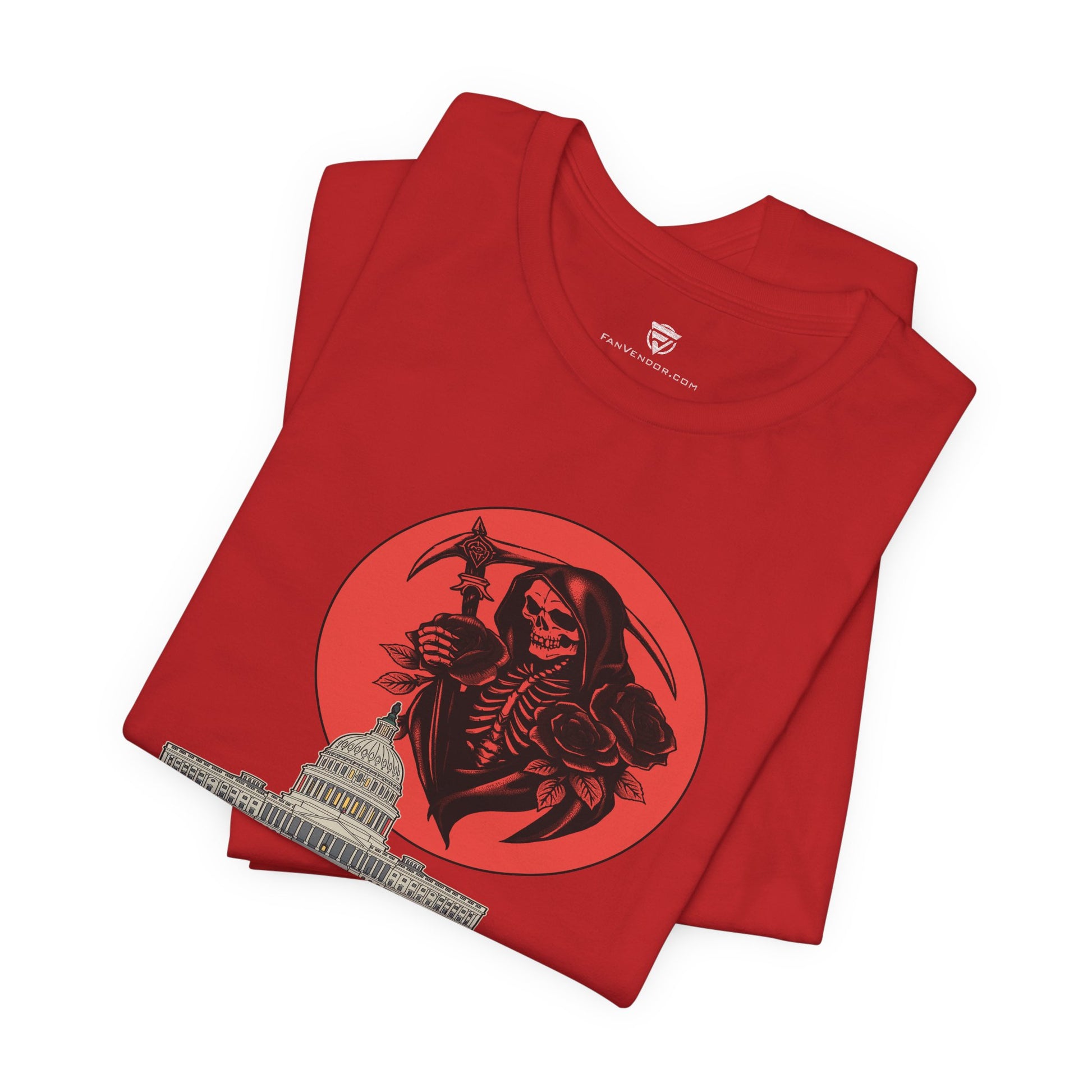 Red t-shirt with a graphic design of a skeleton holding a scythe and a rose on a white background.