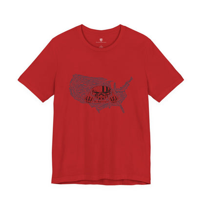 Red t-shirt with a graphic design on a white background