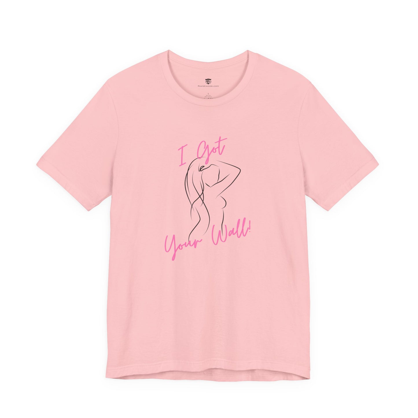 Pink t-shirt with a graphic and text on a white background
