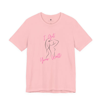 Pink t-shirt with a graphic and text on a white background