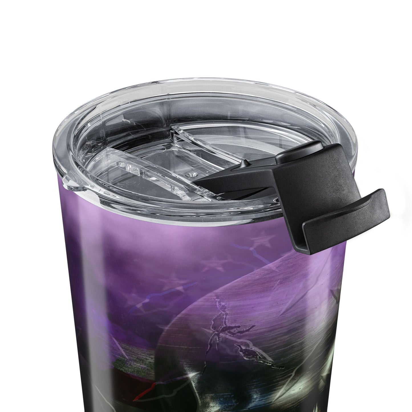 Purple tumbler with a black lid on a white background