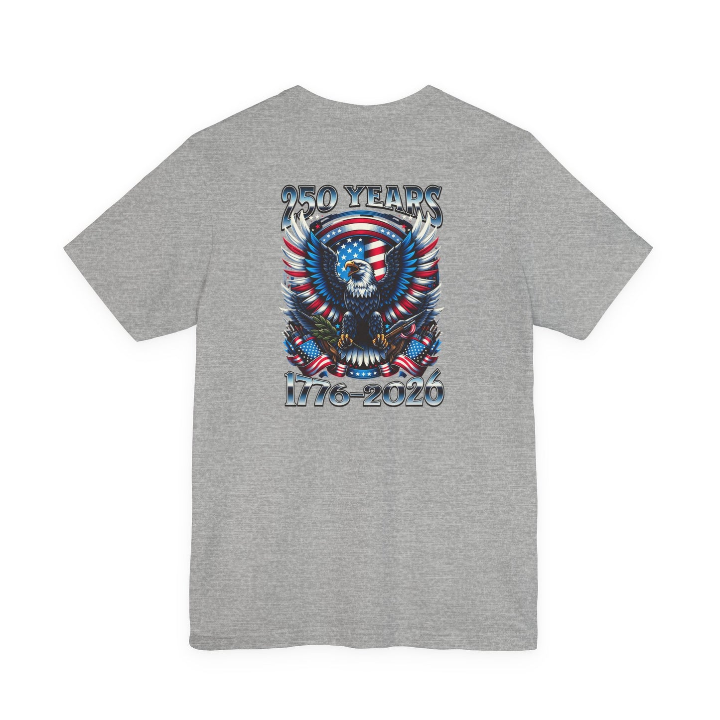 Gray t-shirt with a graphic design of an eagle and American flag on the back, on a white background.