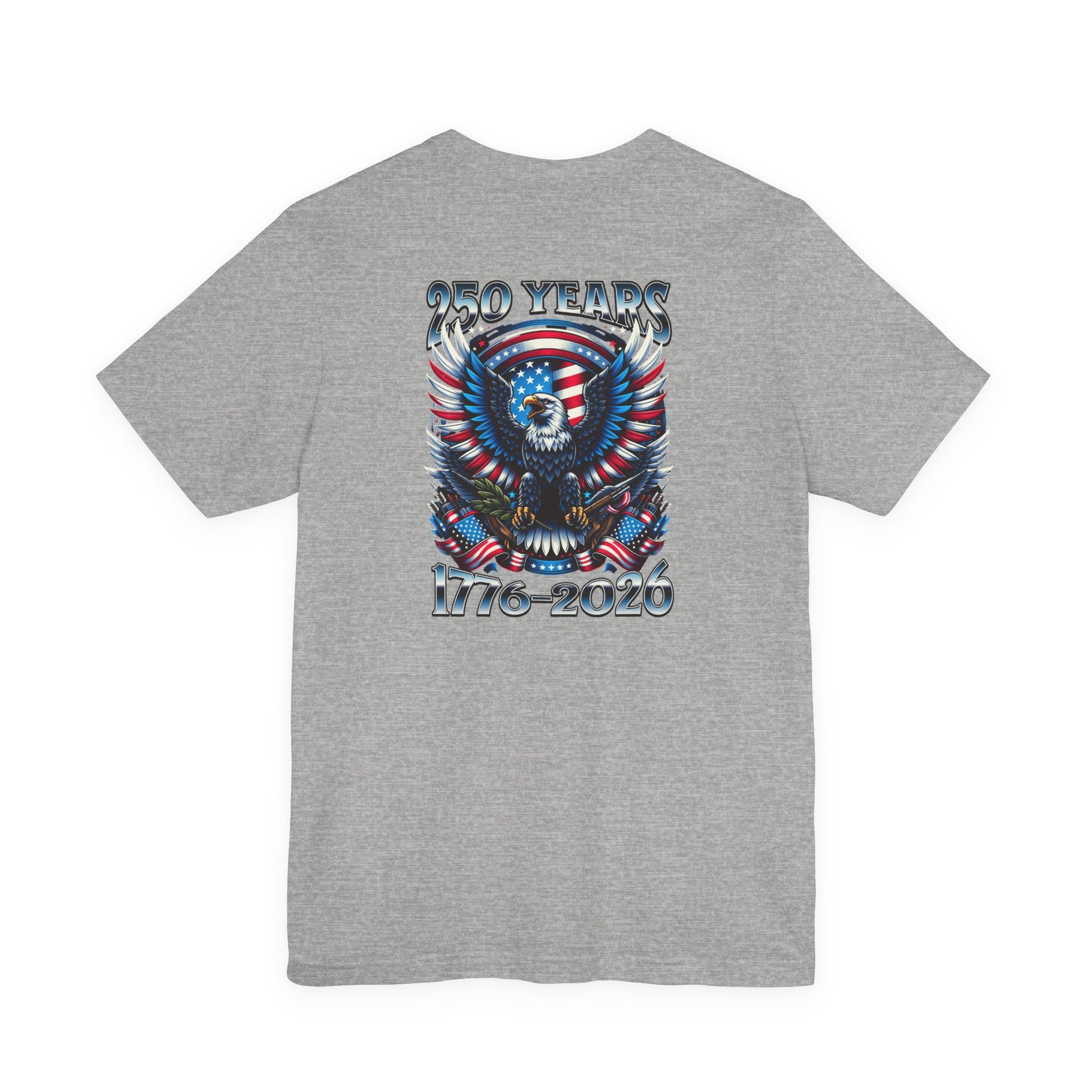 Gray t-shirt with a graphic design of an eagle and American flag on the back, on a white background.