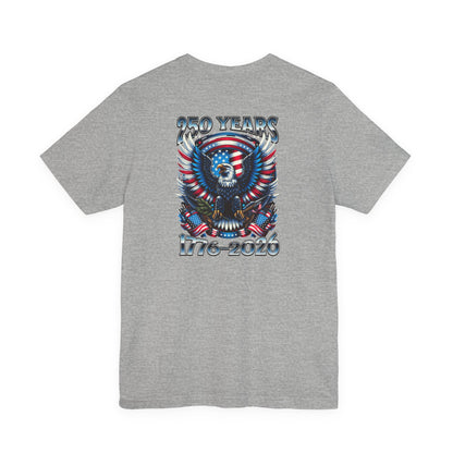 Gray t-shirt with a graphic design of an eagle and American flag on the back, on a white background.