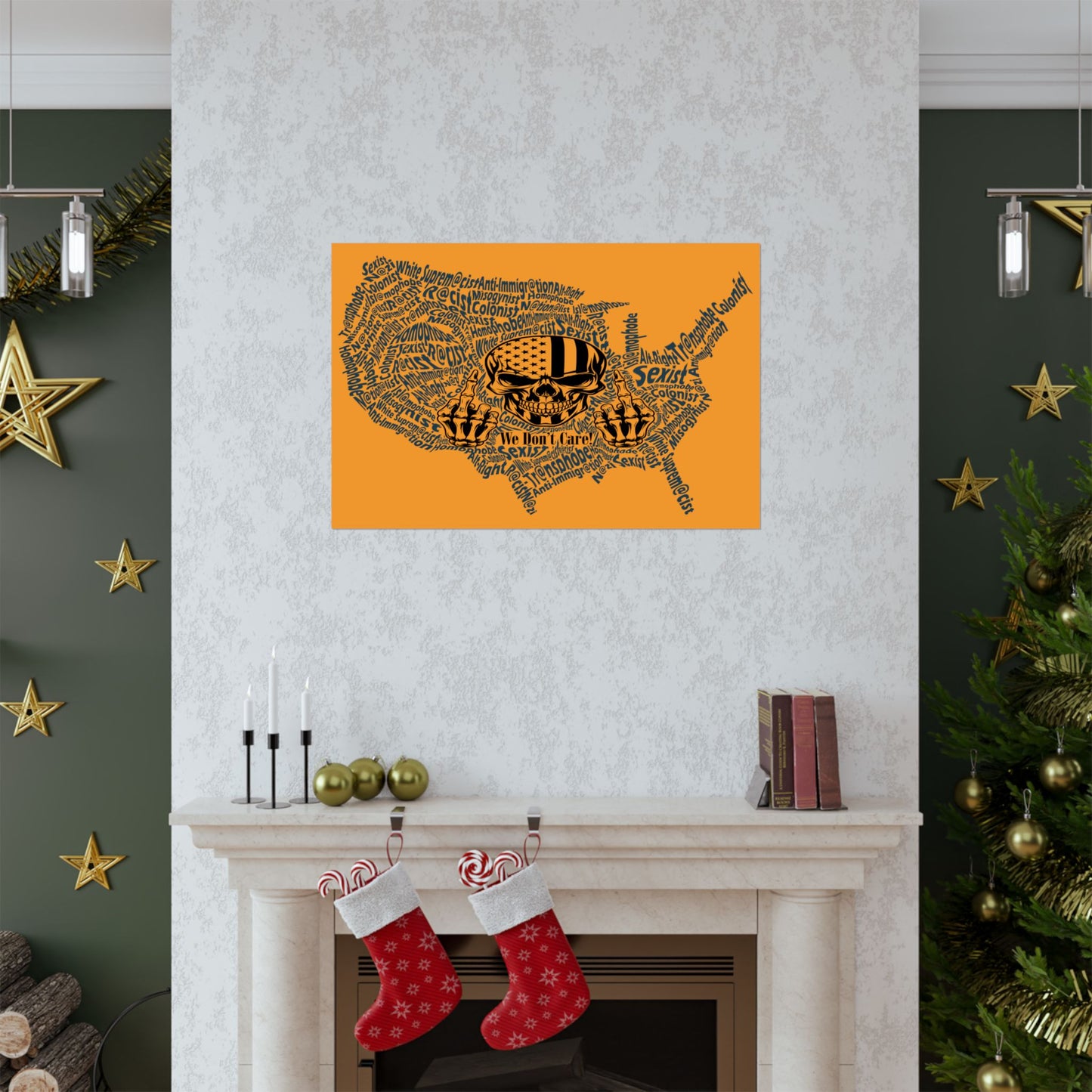 Map of the United States with text on an orange background above a fireplace with Christmas stockings.