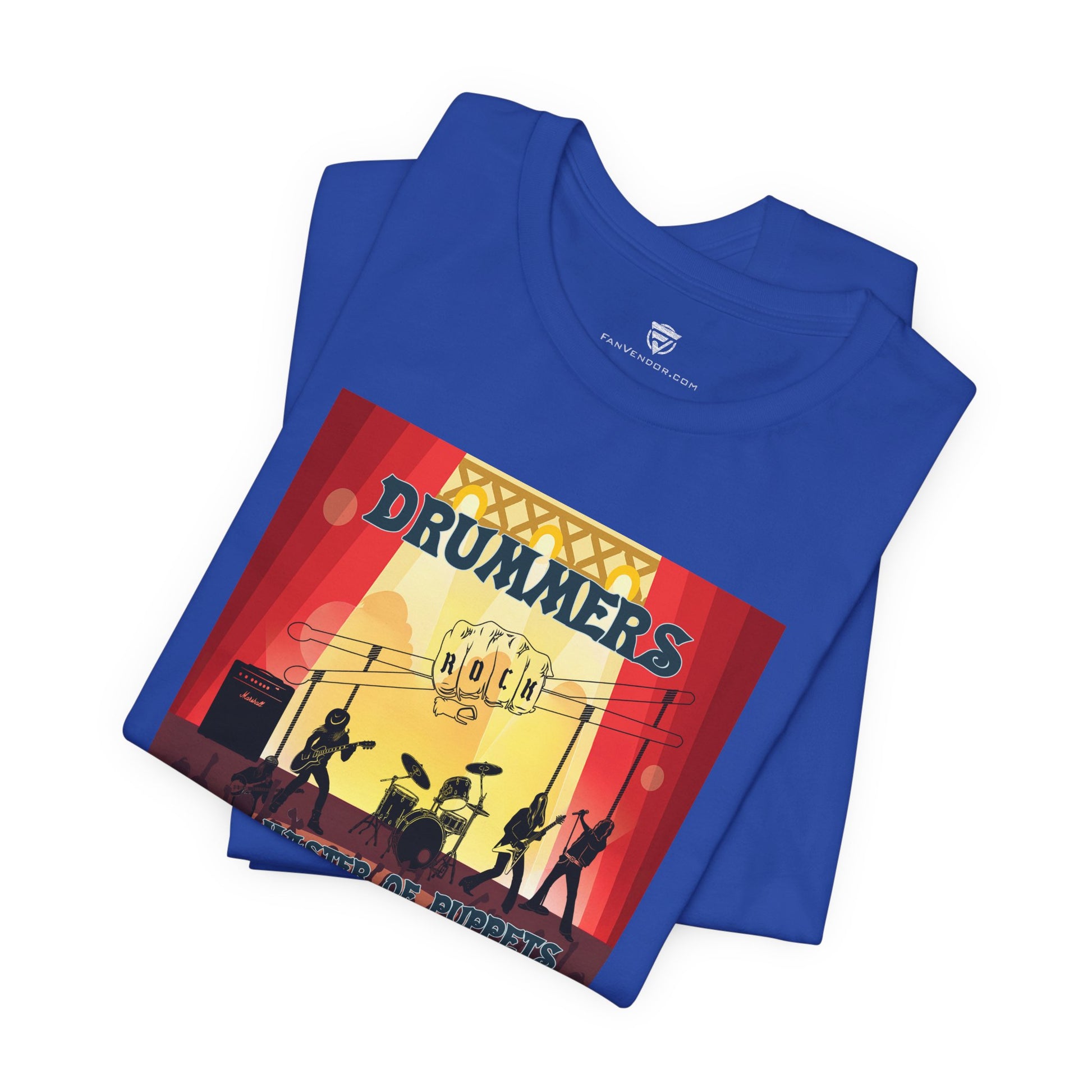 Blue t-shirt with a graphic design featuring silhouettes of drummers and text on a white background