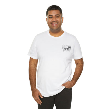 Man wearing a white t-shirt with a small logo on a white background