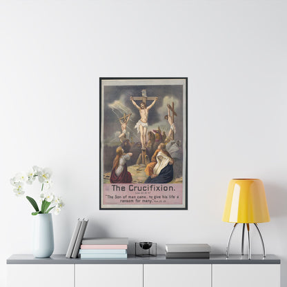 Poster of 'The Crucifixion' on a wall above a shelf with decor items.