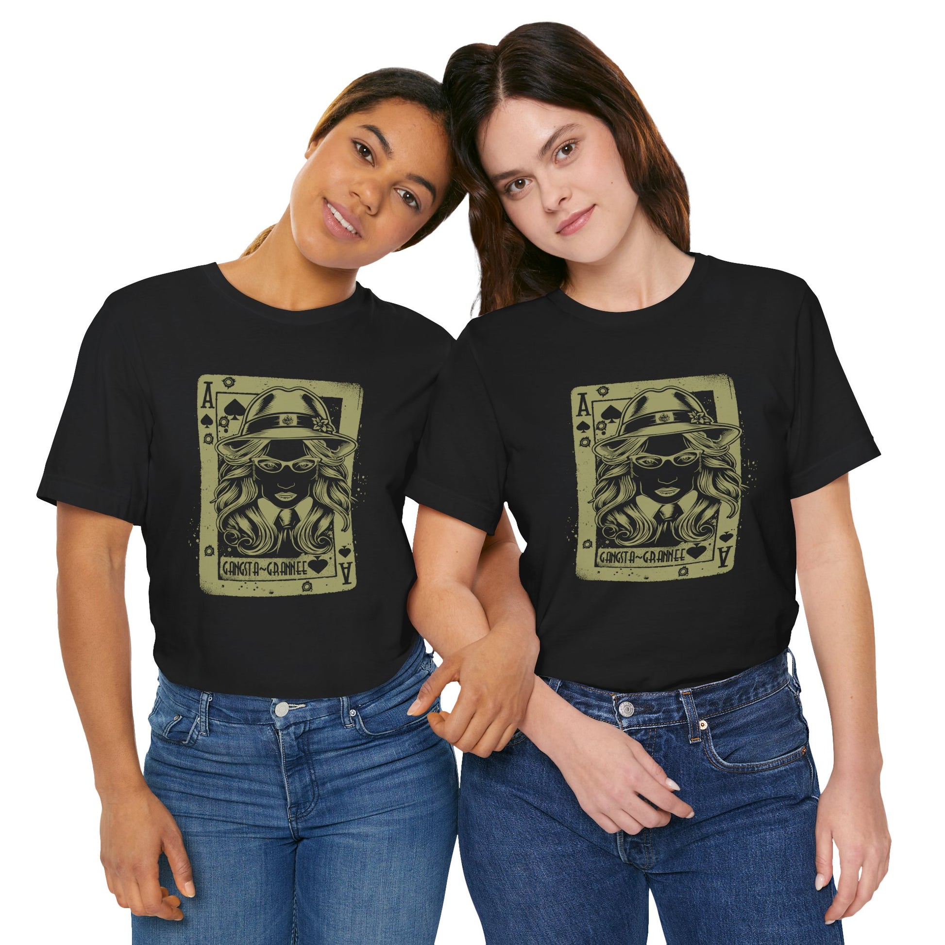 Two people wearing black t-shirts with a graphic design on a white background