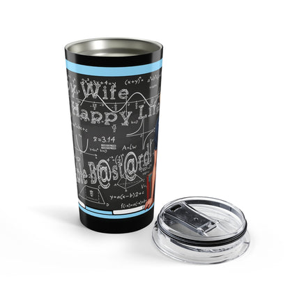 A tall insulated tumbler with a clear lid, shown on a white background. The tumbler has a dark chalkboard-style graphic with white equations and text.